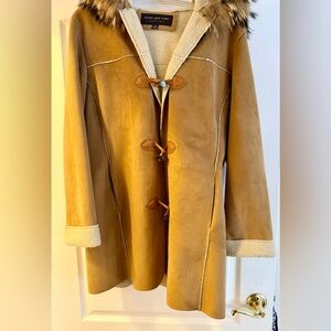 Marc New York Tan Teddy Jacket with Faux Fur Hood Sz med